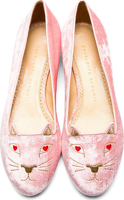 Charlotte Olympia Pink Crushed Velvet Love Kitty Flats