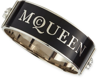 Alexander McQueen Medium 3D Enamel Logo & Skull Cuff, Black/White/Silvertone