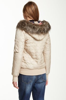 Love Moschino Intarsia Knit Faux Fur Hood Quilted Puffer Jacket