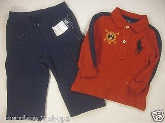 Ralph Lauren Baby Boy L/S Big Pony Red & Blue Polo Rugby Shirt & Pants Set