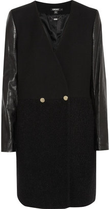 DKNY Leather, wool-bouclé and wool-blend twill coat