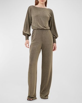 Trina Turk Europa Blouson-Sleeve Shimmer Jersey Jumpsuit