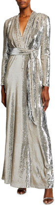 Badgley Mischka Sequin Long-Sleeve Belted Surplice Gown