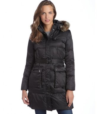 Vince Camuto black quilted faux fur trim hood belted down three-quarter coat