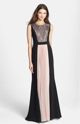 JS Collections Lace & Pleat Panel Crepe Gown