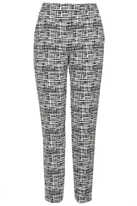 Topshop Crepe cigarette trousers in monochrome grid check print. 89% polyester, 11% elastane. wash with similar colours.