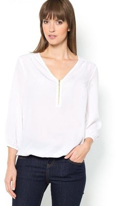La Redoute R essentiels Zipped V-Neck Blouse with 3/4 Length Sleeves