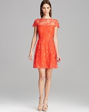 Cynthia Steffe Dress - Hannah Cap Sleeve Illusion Neck Lace Fit and Flare