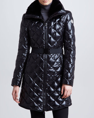 Moncler Long Belted Fur-Collar Puffer Coat, Black