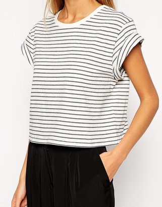ASOS COLLECTION Cropped Boyfriend T-Shirt with Roll Sleeve in Stripe