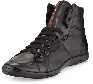Prada Napa Leather High-Top Sneaker, Black