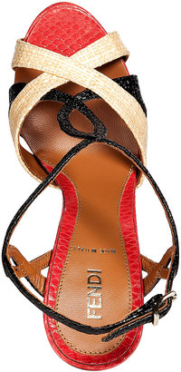 Fendi Sand/Black/Scarlet Raffia/Embossed Leather Platform Sandals