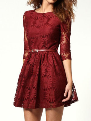 Choies Wine Red Lace Dress with Belt Added