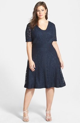 Tadashi Shoji Jersey Pleat Lace Fit & Flare Dress (Plus Size)
