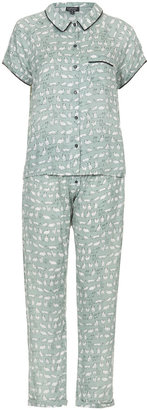 Topshop Mint pyjama shirt and trousers with black cat print and matching trims. 100% viscose. machine washable.