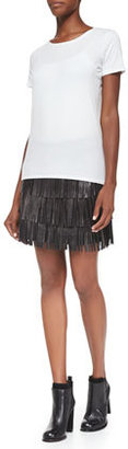Neiman Marcus Cusp by Lucca Tiered Fringed Leather Miniskirt, Black