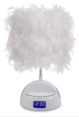 FM LighTunes 17 in. White Bluetooth Speaker Lamp with Alarm Clock, Radio, USB Charging Port and Feather Shade