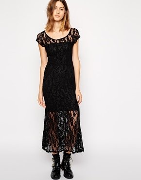Ganni Maxi Dress With Lace Overlay - black