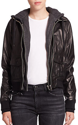 R 13 Layered Jersey-Hood Leather Bomber Jacket