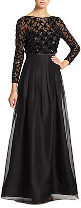 Kay Unger Pleated Sequined-Detail Gown