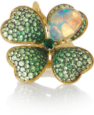 Lydia Courteille Four Leaf Clover 18-karat gold, opal and tsavorite ring