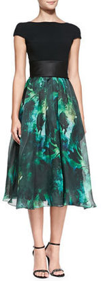 Theia Cap-Sleeve Floral-Skirt Cocktail Dress
