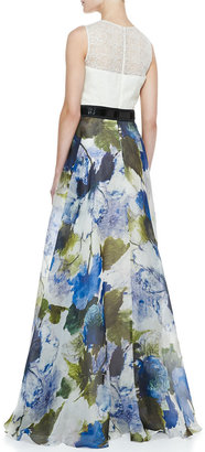 Carmen Marc Valvo Sleeveless Floral Skirt Ball Gown, Ivory/Multicolor