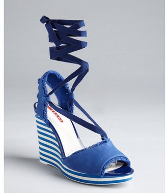 Prada Sport cobalt canvas striped wedge sandals