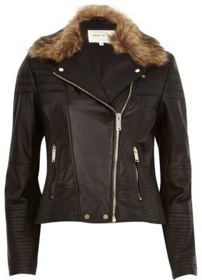 River Island Black leather faux fur collar biker jacket