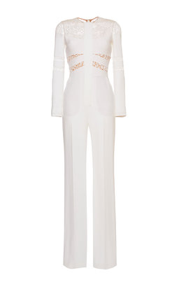 Elie Saab White Stretch Cady And Lace Jumpsuit