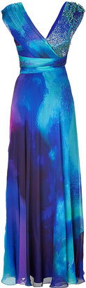 Matthew Williamson Tonal Blue-Purple Beaded Shoulder Silk Chiffon Gown
