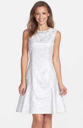 Maggy London Beaded Jacquard Fit & Flare Dress