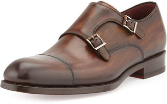 Magnanni Leather Double-Monk Shoe, Brown