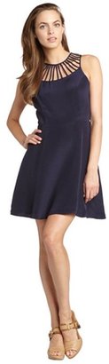 Parker navy blue 'Sarah' sleeveless silk flare dress with neck detail