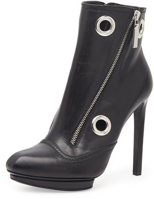 Alexander McQueen Eyelet & Zip Leather Ankle Boot, Black