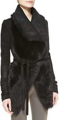 Donna Karan Lamb Fur-Front Suede Jacket with Jersey Insets, Black