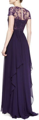 Badgley Mischka Short-Sleeve Lace-Bodice Illusion Gown