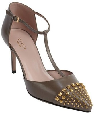 Gucci taupe leather t-strap studded pumps