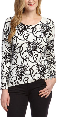 Magic Black & White Floral Scoop Neck Sweater - Women