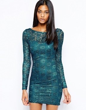 Lipsy Lace Sequin Body-Conscious Dress with Long Sleeves