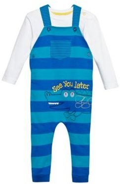 Bluezoo Babies blue striped alligator dungarees and top