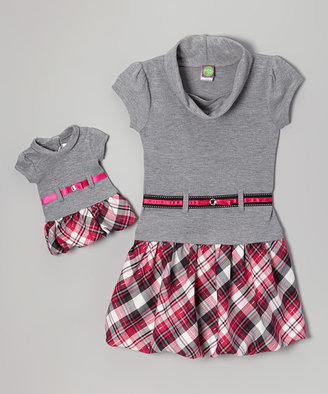 Dollie & Me Pink & Gray Plaid Bubble Dress & Doll Outfit - Toddler & Girls