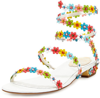 Rene Caovilla Floral-Embellished Coil Sandal, White/Multi