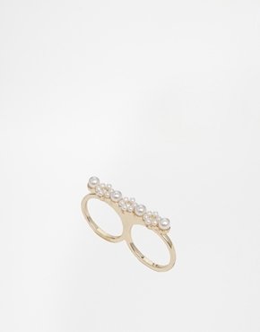 ASOS Flower & Faux Pearl Double Finger Ring - Multi gold