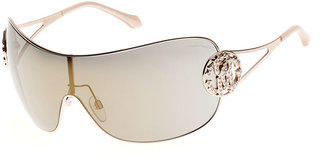 Roberto Cavalli Mirrored Shield Sunglasses with Crystal Monogram Logo, Rose Gold