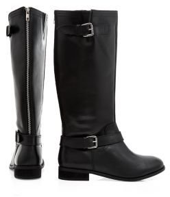 New Look Wide Fit Black Leather Buckle Strap Knee High Boots