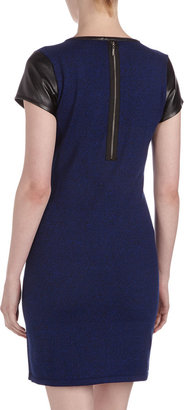 Neiman Marcus Faux-Leather-Trim Knit Dress, Glory Blue/Black