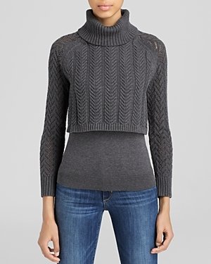 Vince Camuto Turtleneck Cable Knit Sweater with Jersey Underlay