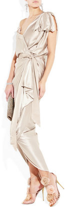 Asymmetric silk-satin wrap gown