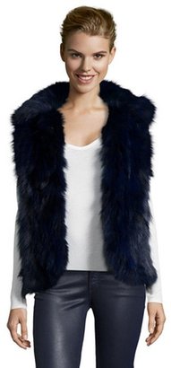 Adrienne Landau navy fox fur standing collar vest